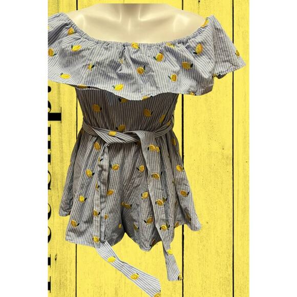 Trac Lemon Pinstripe Romper Large Summer Flare Embroidered Shorts Mini Ruffles - Picture 1 of 4